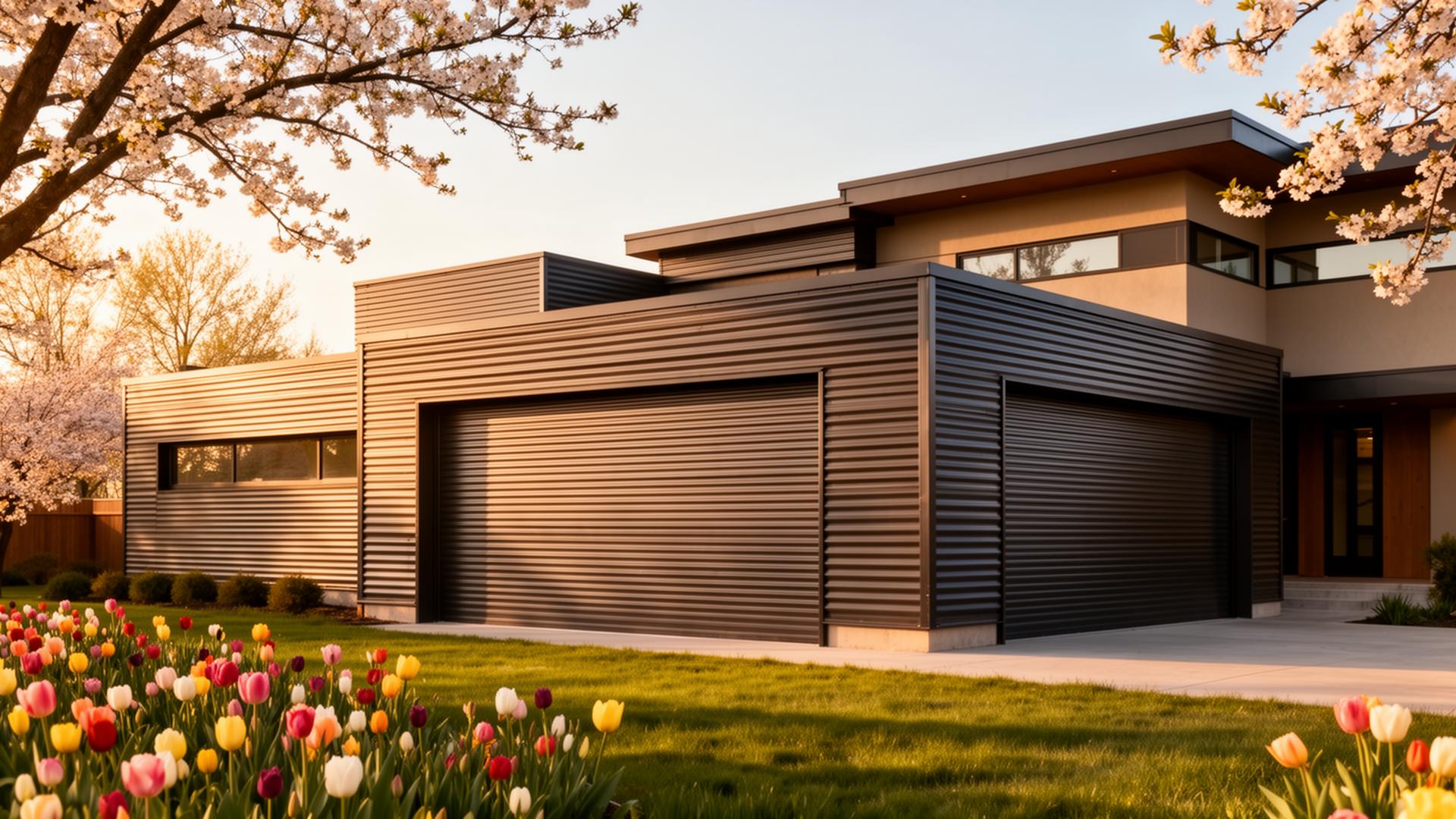 Modern prairie style home with industrial ribbed steel garage doors in North Dighton, MA - Garage Door North Dighton professional installation